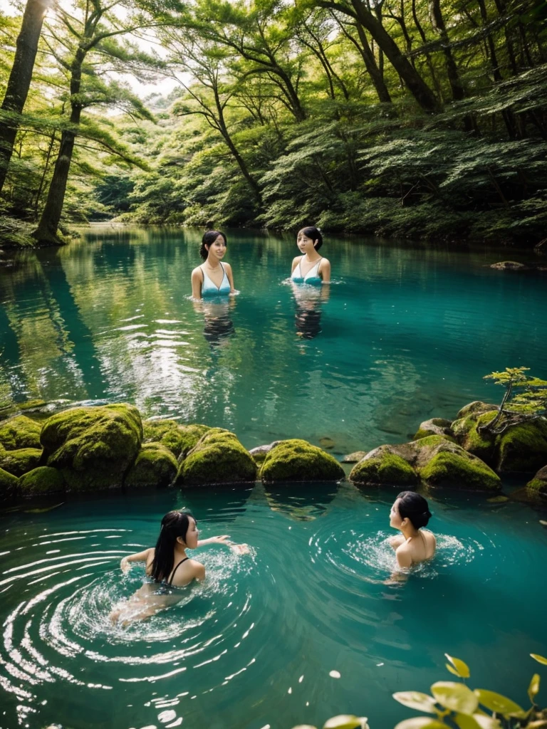 Two beautiful Japanese women swimming in a forest lake.