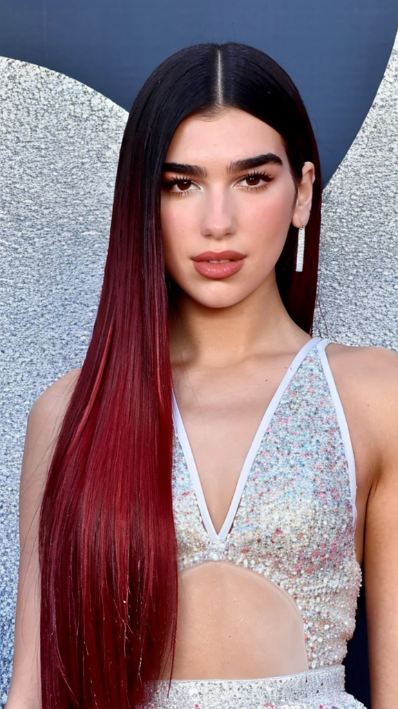 Long straight cherry red hair from the hair roots young adult woman Dua Lipa selfie closeup wearing a transparent dress with white glitter