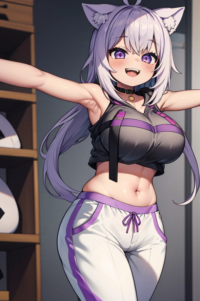 masterpiece, best quality, absurdres, perfect anatomy, 1girl, solo, okayudefault, black hoodie, (onigiri print), [navel], white pants, cat tail, ahoge, smile, fangs, spread arms, indoors, massive breast, massive butt, fat butt, 