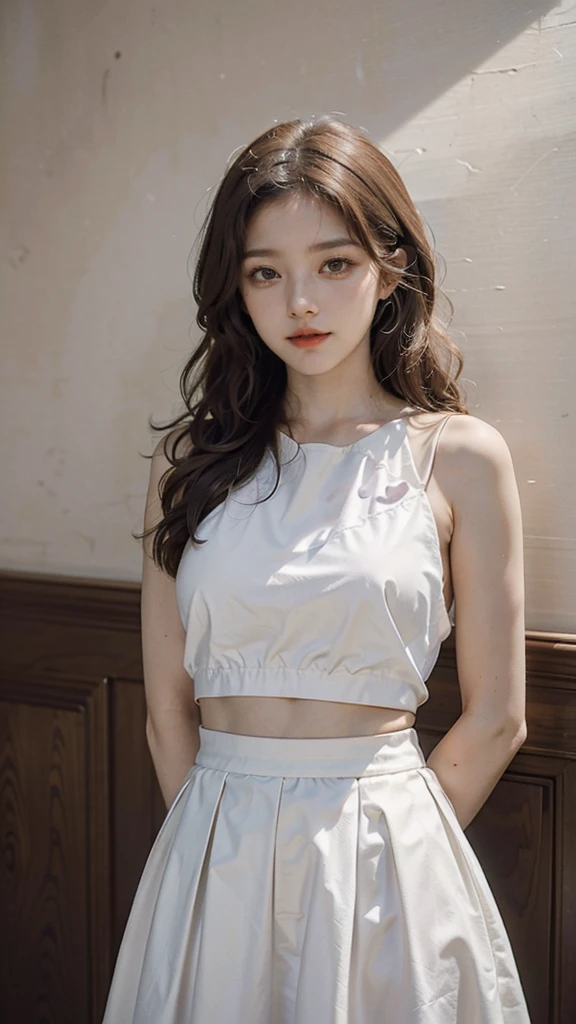 detailed background, masterpiece, best quality, 1 person , curly hair, long hair, purple eyes, star in eye , White Strap blouse, long skirt