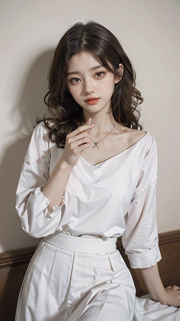 detailed background, masterpiece, best quality, 1 person , curly hair, long hair, purple eyes, star in eye , White Strap blouse, long  skirt