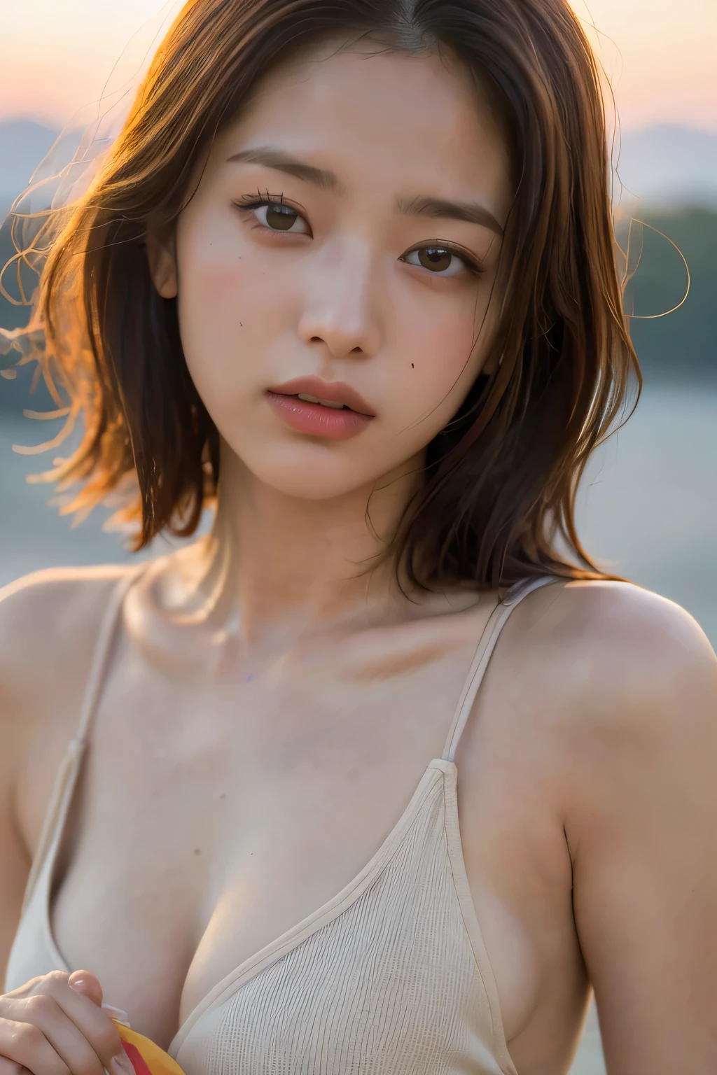(Highest quality:1.4),(masterpiece:1.4),(Realistic:1.4),(Realistic:1.2),(超High resolution, RAW Photos:1.4),(High resolution, Very detailed:1.2),(8K:1.2),Movie Photos,a photo of a dark-haired,One Girl,alone,wear ,((one piece))、((Upper Body:1.3)),((Sunrise time/Sunrise time/Sunrise time:1.3))
