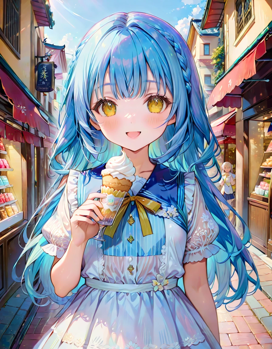 masterpiece, best quality, extremely detailed, (illustration, official art:1.1),adorable face、 1 girl ,(((( light blue long hair)))),pale blue hair,, long hair ((blush)) , cute face, big eyes, masterpiece, best quality,(((((a very delicate and beautiful girl))))),Amazing,beautiful detailed eyes,blunt bangs((((little delicate girl)))),tareme(true beautiful:1.2), sense of depth,dynamic angle,,,, affectionate smile, (true beautiful:1.2),,(tiny 1girl model:1.2),)(flat chest)、masterpiece,beautiful eyes,textile shading, custics,extremely detailed CG, shiny skin,photography,RAW photo,
,,twinbraid,yellow eyes, ,solo
, short sleeves, 2 soft serve,open mouth, smile,shopping street,white colored shirt,yellow ribbon,