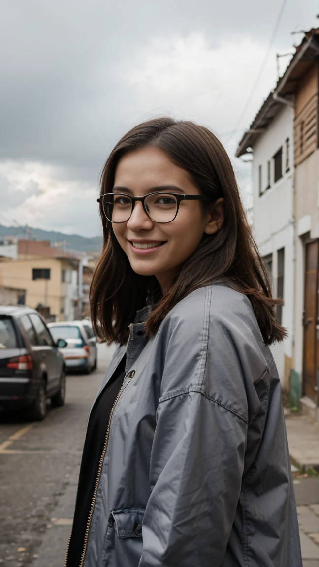 iPhone portrait bright overcast, comuna 13, 1 girl 25 years old, smiling, trendy casual outfits, glasses
