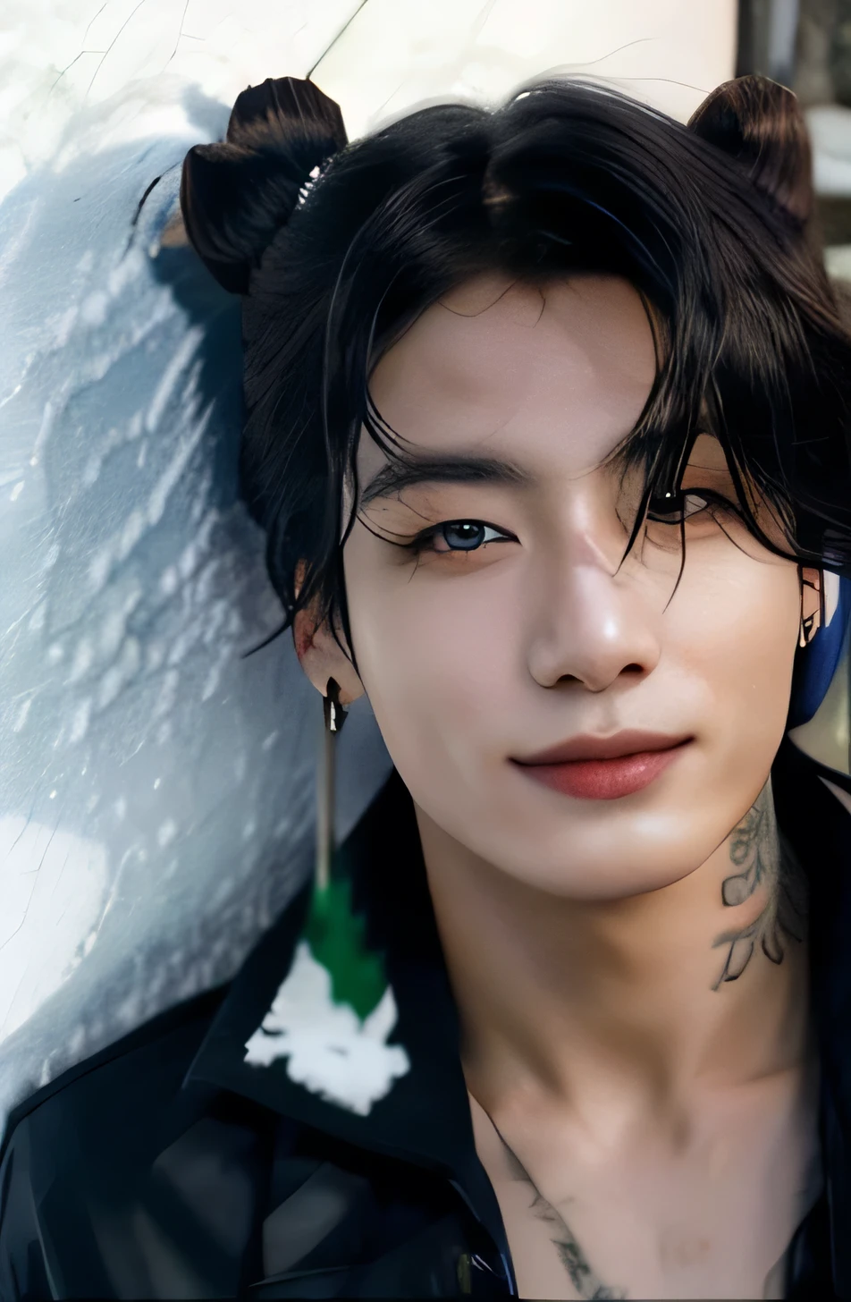 1 men, corner smile, clear eyes, Light brown bun hair, photo realist, tattoo's