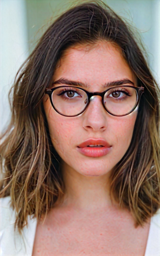 A beautiful 23 year old woman., light brunette, close up, girl next door, unclothed, make up, lips, glasses, evening, messy hair, film grain, Retro, 160 color holder, shot on ARRI ALEXA 65, sharp focus on the subject, Fujifilm xt-3.