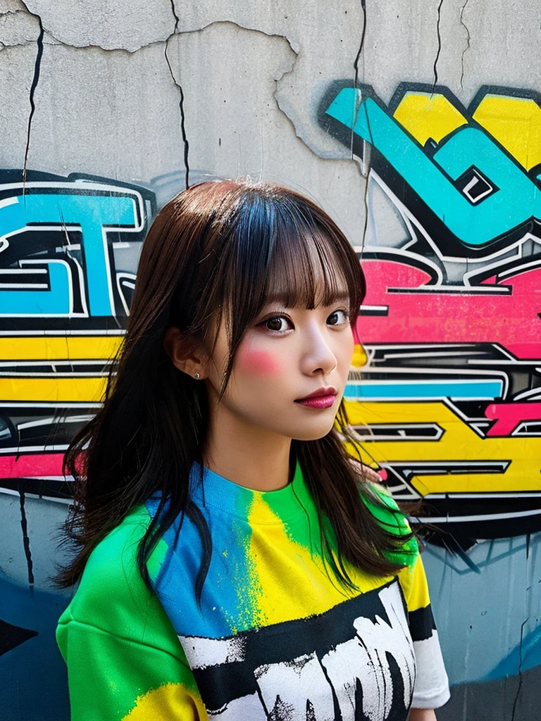 Graffiti-style portrait capturing a woman exuding stunning beauty, vibrant spray paint colors, urban background with textured brickwall, obscured tags and mural art, streaks of neon, expressive brush strokes, dynamic contrasts, high energy, gritty aesthetic, urban fashion elements, octane rendering, vivid colors, highly detailed., painting, cinematic, illustration, fashion, 3d render, photo, poster, portrait photography, conceptual art, anime, graffiti