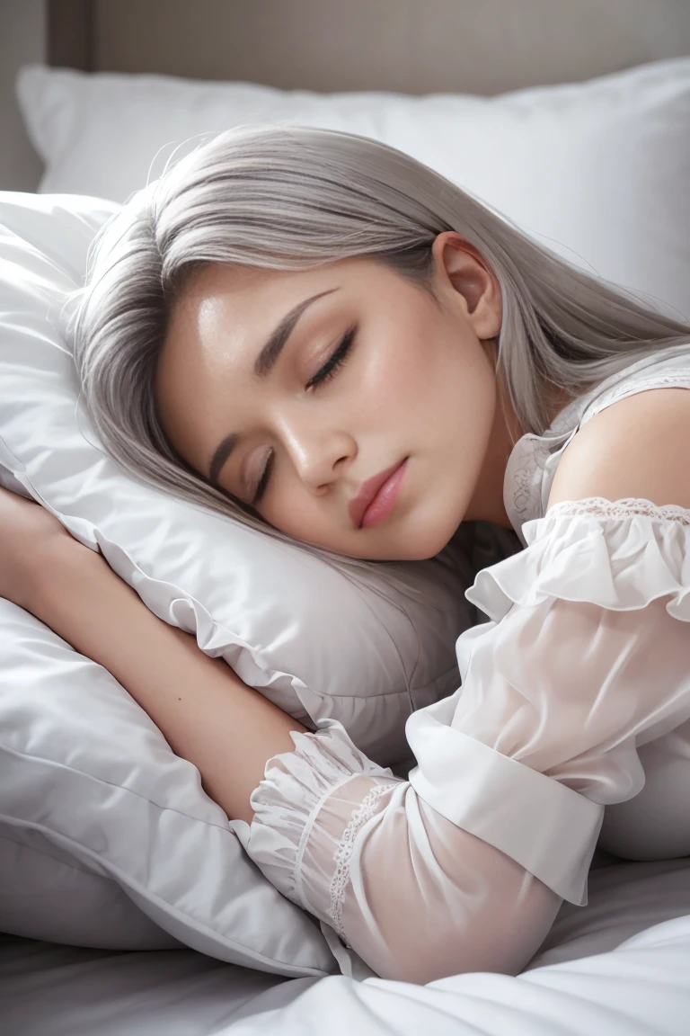 This is a photograph of a woman with gray hair, closed eyes, and lips partially open, lying on her side on a white bed with a white pillow, wearing a white blouse with ruffled sleeves.