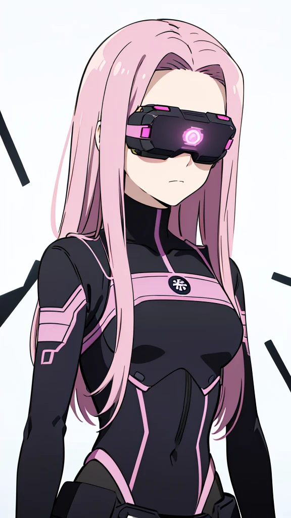 (1girl,20 years old,solo,adult.mature female),pink hair,long hair,(medusa hair),serious,((black bodysuit)),(white background,line drawing),head-mounted display,upper body