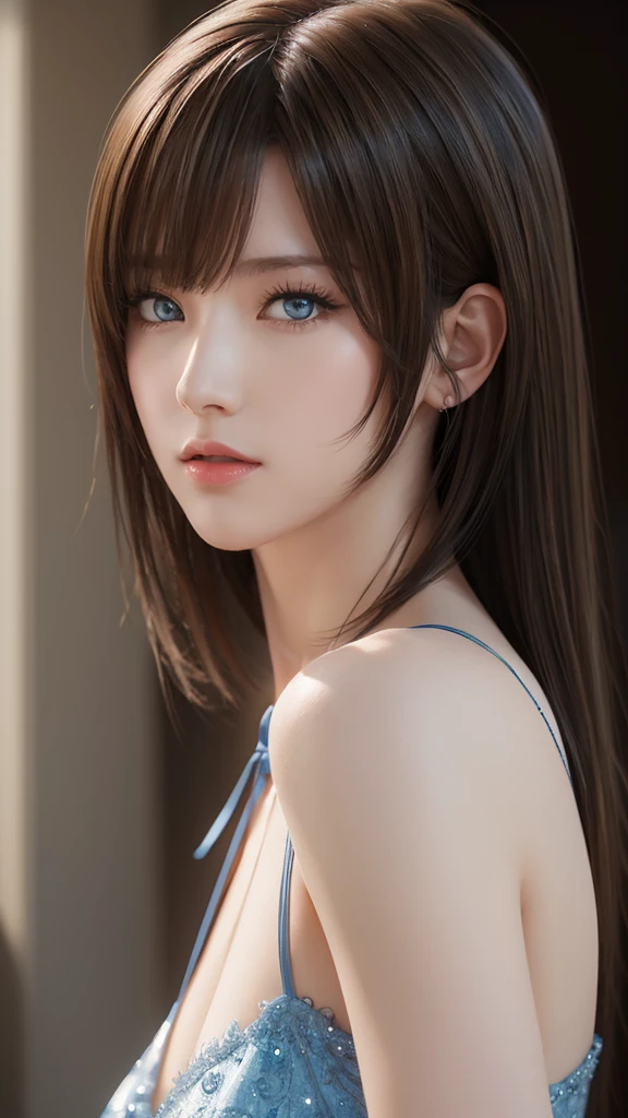 Portraiture, Realistic, Elegant mature woman, blue eyes, Brown blonde hair, Side bangs, 4K resolution, High quality CG, Beautiful CG, Soft Light