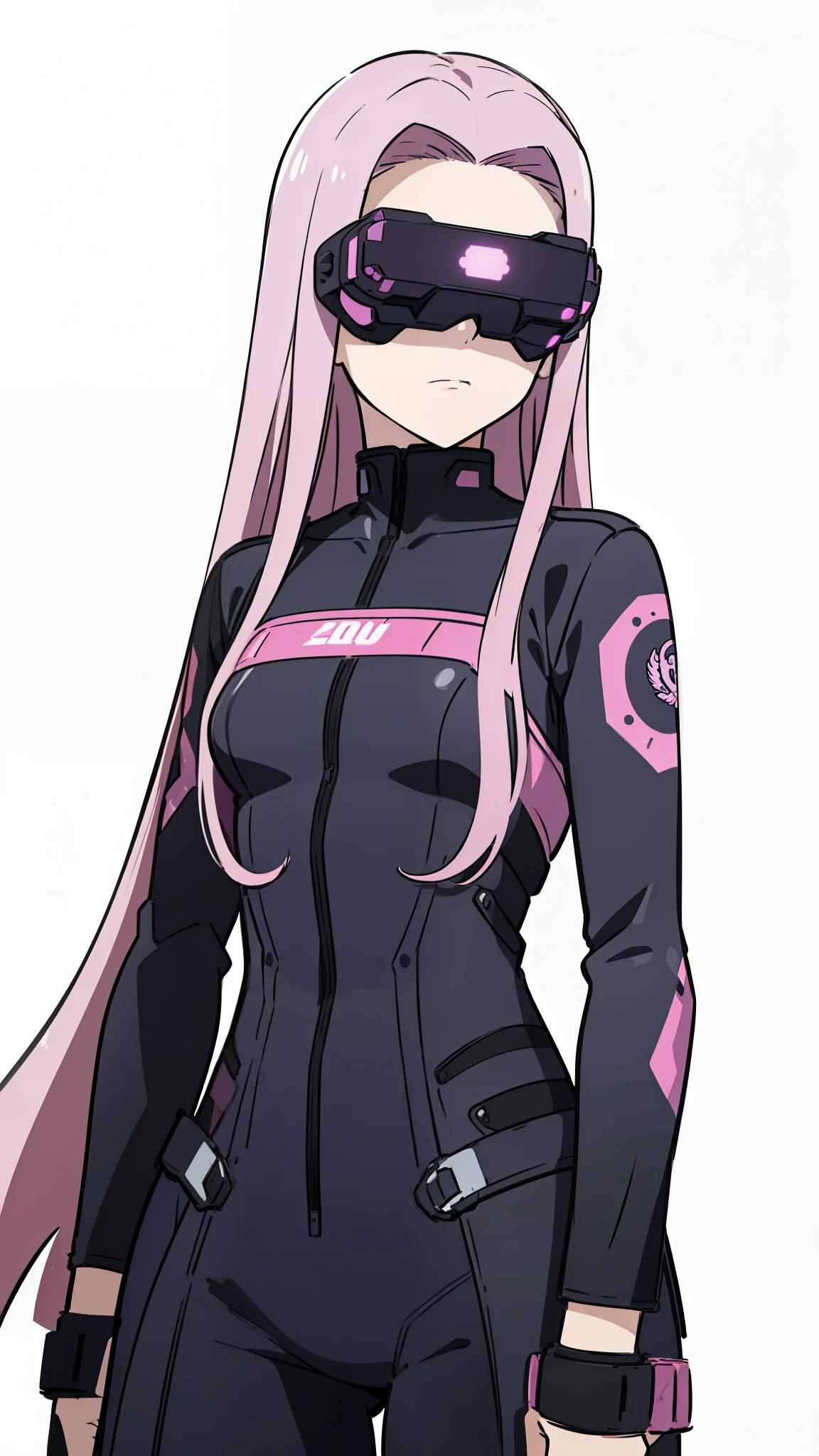 (1girl,20 years old,solo,adult),pink hair,long hair,(medusa hair),serious,((black bodysuit)),(white background,line drawing),head-mounted display,upper body