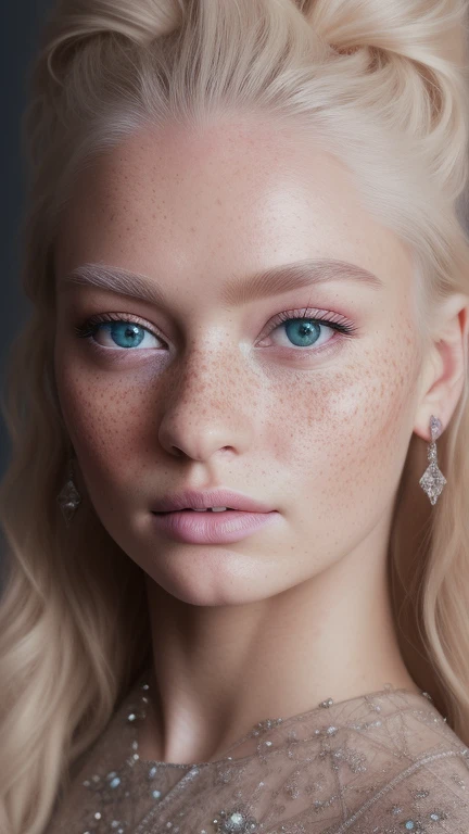 An exquisite portrait of 1 albino woman with deep skin, a photograph captured in stunning 8k resolution and raw format to preserve the highest quality of details. The woman's beauty is undeniable, her face commanding the frame in a close-up that reveals the intricate details of her eyes. She wears a dress that complements her radiant skin, and her eyes are portrayed with meticulous attention to detail, showing a captivating depth within. The photograph is taken with a lens that emphasizes the challenge of your gaze, and the backdrop is a dark studio environment that enhances the soft colors of the scene. The lighting and shadows are expertly crafted to highlight the richness of her albino skin tone and the subtle nuances of her features. With its distinctive shadow, it adds a touch of warmth and contrast against her skin. The interior setting adds a sense of intimidation, while the freckles on her skin tell their own story. The overall composition captures her essence with traditions and grace, creating a portrait that is a celebration of her heritage and beauty. Photography by challenge512, using the best shadow and lighting techniques, to create a mesmerizing portrait that transcends the visual, ultra-realistic image, perfect symmetry, vibrant and sharp, dynamic vision, high level of detail and definition, 1200 PPI - Photographic resolution with greater color realism, hyper-realistic, High fidelity, cinematic.