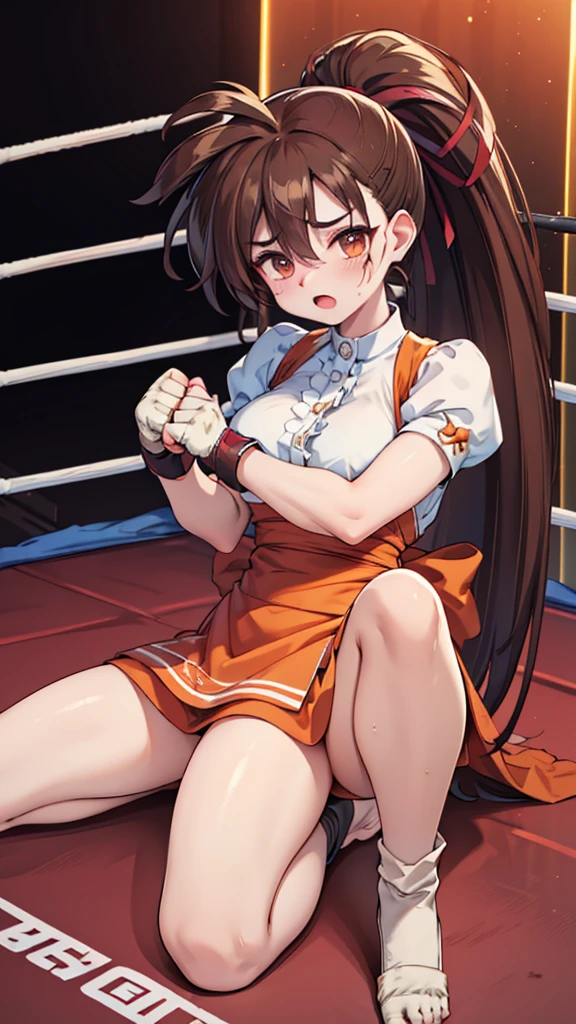 Highest quality，masterpiece，Hold your stomach，slouch，Wrestling Ring, WWE Divas，Wrestling Arena，Wrestling ring background, Boxing ring background, Punched in the stomach， scratch, Bruising and bleeding, Lack of stamina, Ryona, Hitting a girl, death is near，タケユカ 超ロングヘア ヘアribbon, Frilled shirt, Underbust, ribbon, Fingerless gloves, White gloves, Waist apron, Orange Skirt, socks, Toeless legwear，winner, Nice, winner, (Moaning , Open your mouth), ((slouch, Punched in the stomach, Hold your stomach, lose consciousness, Unconscious, Bend your knees，please lower your arms)), (Long belly), (Clenched fist, Tilt your head),