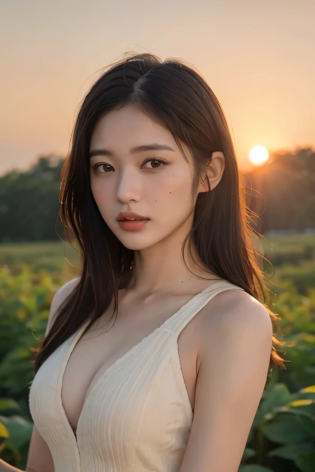 (Highest quality:1.4),(masterpiece:1.4),(Realistic:1.4),(Realistic:1.2),(超High resolution, RAW Photos:1.4),(High resolution, Very detailed:1.2),(8K:1.2),Movie Photos,a photo of a dark-haired,One Girl,alone,wear ,((one piece))、((Upper Body:1.3)),((Sunrise time/Sunrise time/Sunrise time:1.3))