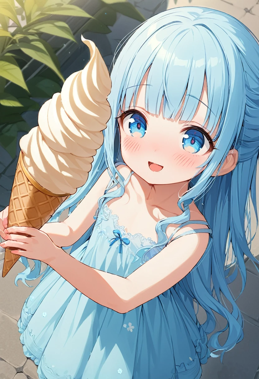 masterpiece, best quality, extremely detailed, (illustration, official art:1.1),adorable  face、 1 girl ,(((( light blue long hair)))),pale blue hair,, long hair ((blush)) , cute face, big eyes, masterpiece, best quality,(((((a very delicate and beautiful girl))))),Amazing,beautiful detailed eyes,blunt bangs((((little delicate girl)))),tareme(true beautiful:1.2), sense of depth,dynamic angle,,,, affectionate smile, (true beautiful:1.2),,(tiny 1girl model:1.2),)(flat chest)、ZIP2D,1girl,aged down, cute,kawaii,Hug and bite the giant soft serve ice cream,happy, open mouth wide,stick out your tongue and lick the ice cream,from above, sleeveless, collarbone, small breasts, outdoors, (very huge size soft serve ice cream:1.2)
