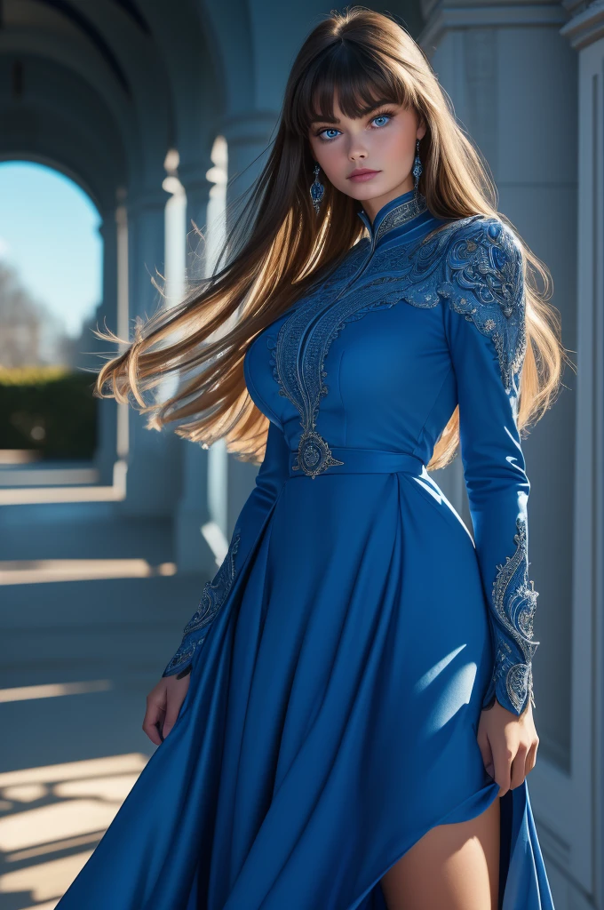 16 year old Paulina Porizkova, ultra-detailed face, ultra detailed blue eyes, (bangs), (long sleeve dress, long skirt), (((masterpiece)))
