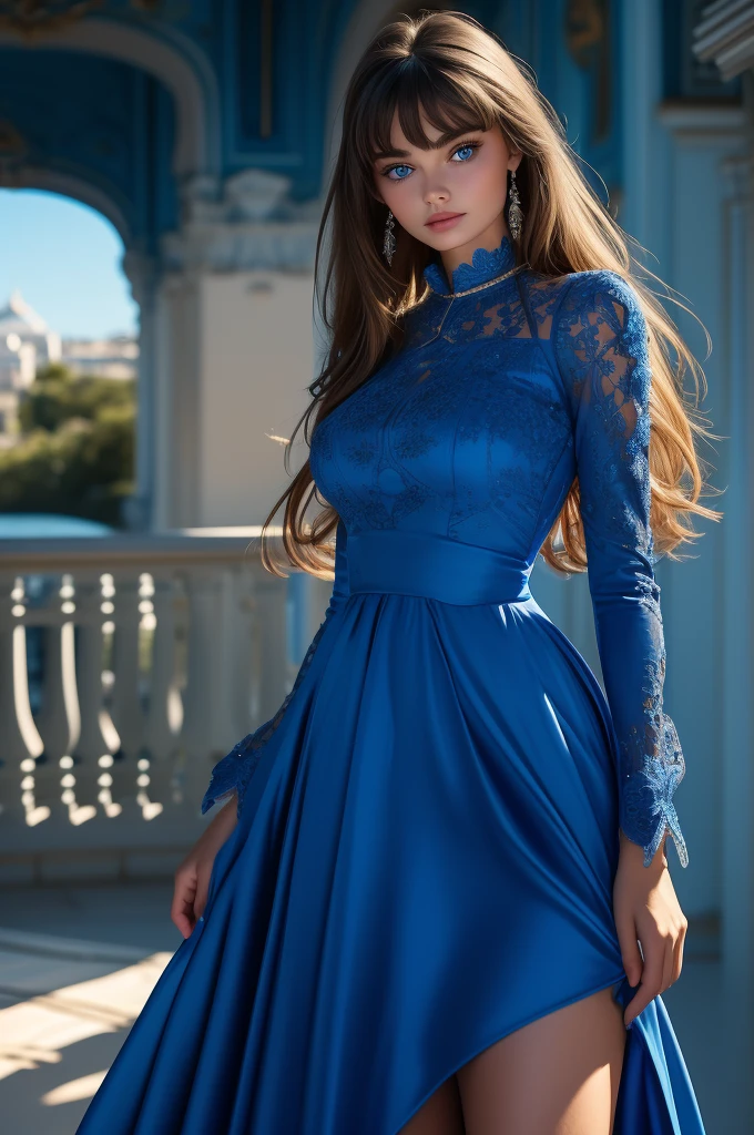 16 year old Paulina Porizkova, ultra-detailed face, ultra detailed blue eyes, (bangs), (long sleeve dress, long skirt), (((masterpiece)))