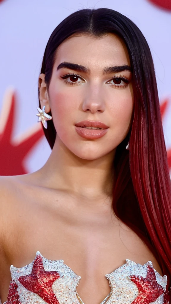 Long straight cherry red hair from the roots of the hair young adult woman Dua Lipa selfie closeup in a transparent dress of shells and starfish with white glitter