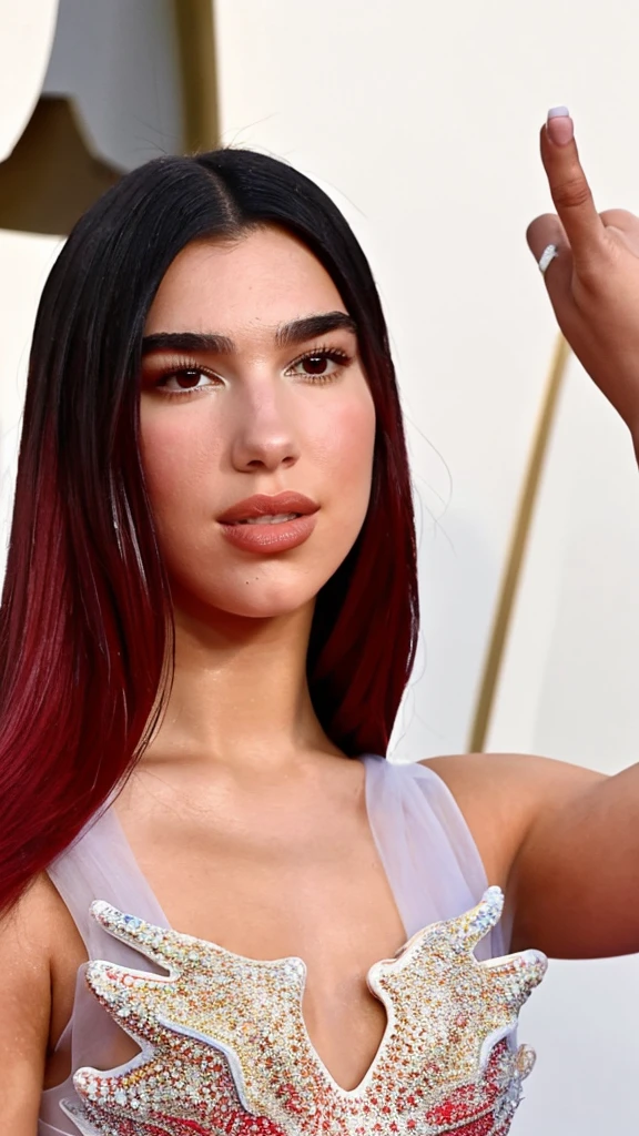 Long straight cherry red hair from the roots of the hair young adult woman Dua Lipa selfie closeup in a transparent dress of shells and starfish with white glitter