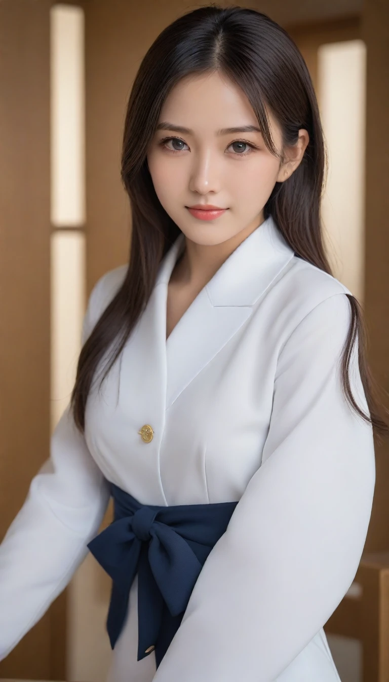 8K, Ultra-high resolution, Highest quality, masterpiece, 三分割法によるphotograph,Surreal, photograph, 1 Girl, (16 years old:1.3), pretty girl, Cute face, Beautiful eyes in every detail, 細かくdetailedに,masterpiece,One Girl:1.2, Japan Female Announcer,Tabletop,glaring,Black Hair,Slicked back hair,Blazer uniform,White collared blouse,The buttons on the chest are open,Sharp focus、Perfect dynamic composition、Beautiful and detailed、Thin Hair、Detailed real skin texture、smile、Close-up portrait、Model Body Type,Looking at the audience、beauty,Long neck、(((Ideal body type))),A cup small breasts :2,、Portraiture:2、Perfect Anatomy、なdetailed、detailed、Surreal、Light and shadow,Strong light