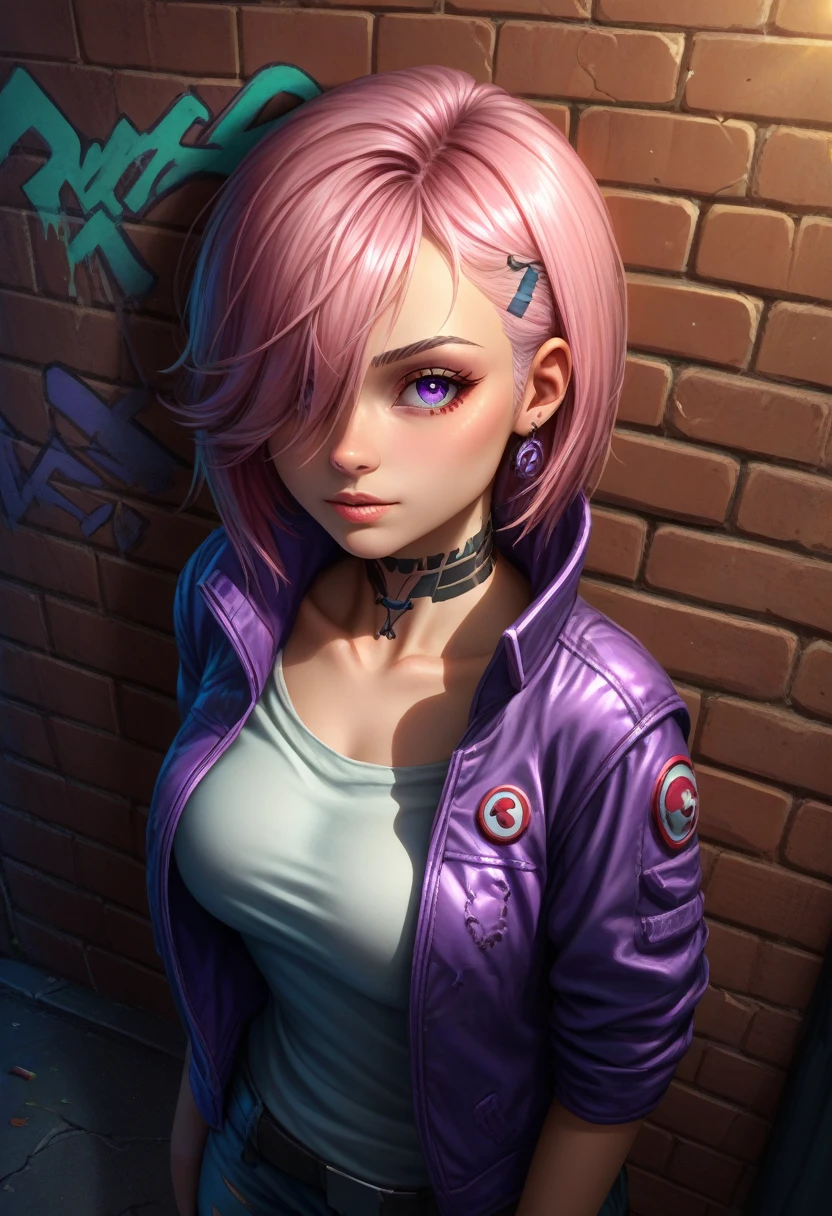 score_9, score_8_above, score_7_above, detailed, 1 girl, Alone, intricate details, chromatic aberration, realist, wide, pink hair, red head ornament, purple reflections, hair over one eye, violet eyes, earrings, sharp eyes, choker, neon shirt, torn tights, open cyberpunk jacket, evening, against the wall, brick wall, graffiti, dim lighting, alley, looking at the viewer