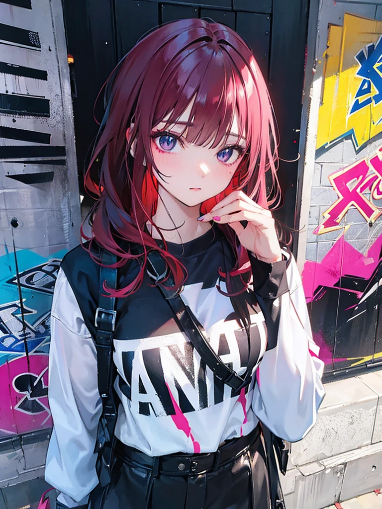 Graffiti-style portrait capturing a woman exuding stunning beauty, vibrant spray paint colors, urban background with textured brickwall, obscured tags and mural art, streaks of neon, expressive brush strokes, dynamic contrasts, high energy, gritty aesthetic, urban fashion elements, octane rendering, vivid colors, highly detailed., painting, cinematic, illustration, fashion, 3d render, photo, poster, portrait photography, conceptual art, anime, graffiti
