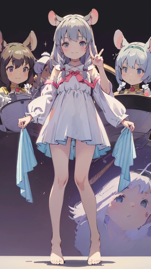((masterpiece))((Highest quality))Mouse Ears、girl、smile、blush、Flat Chest、Are thin、、low length、Gray Hair、blush、Are standing、Whole body image、Even your toes are visible、Eye level on face、front、No background、Mouse pose、真frontのアングル、