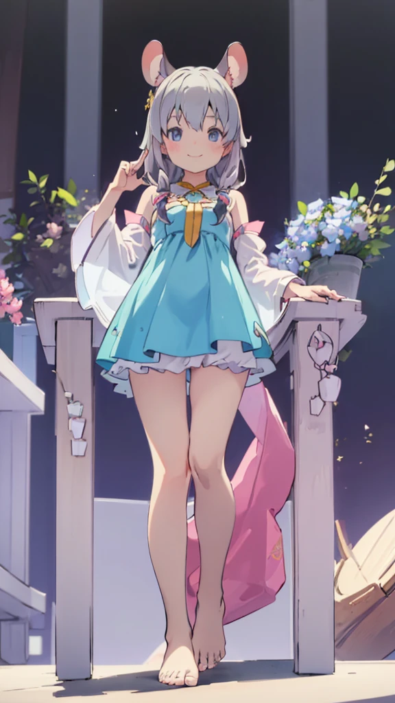 ((masterpiece))((Highest quality))Mouse Ears、girl、smile、blush、Flat Chest、Are thin、、low length、Gray Hair、blush、Are standing、Whole body image、Even your toes are visible、Eye level on face、front、No background、Mouse pose、真frontのアングル、