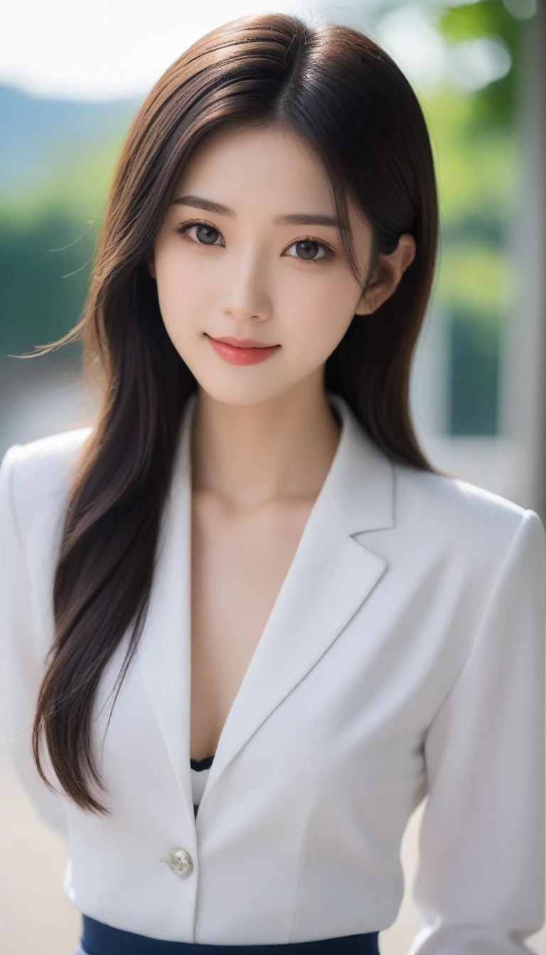 8K, Ultra-high resolution, Highest quality, masterpiece, 三分割法によるphotograph,Surreal, photograph, 1 Girl, (16 years old:1.3), pretty girl, Cute face, Beautiful eyes in every detail, 細かくdetailedに,masterpiece,One Girl:1.2, Japan Female Announcer,Tabletop,glaring,Black Hair,Slicked back hair,Blazer uniform,White collared blouse,The buttons on the chest are open,Sharp focus、Perfect dynamic composition、Beautiful and detailed、Thin Hair、Detailed real skin texture、smile、Close-up portrait、Model Body Type,Looking at the audience、beauty,Long neck、(((Ideal body type))),A cup small breasts :2,、Portraiture:2、Perfect Anatomy、なdetailed、detailed、Surreal、Light and shadow,Strong light