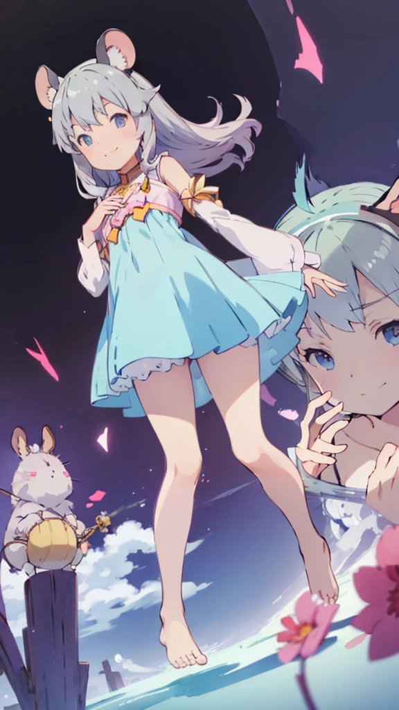 ((masterpiece))((Highest quality))Mouse Ears、girl、smile、blush、Flat Chest、Are thin、、low length、Gray Hair、blush、Are standing、Whole body image、Even your toes are visible、Eye level on face、front、No background、Mouse pose、真frontのアングル、
