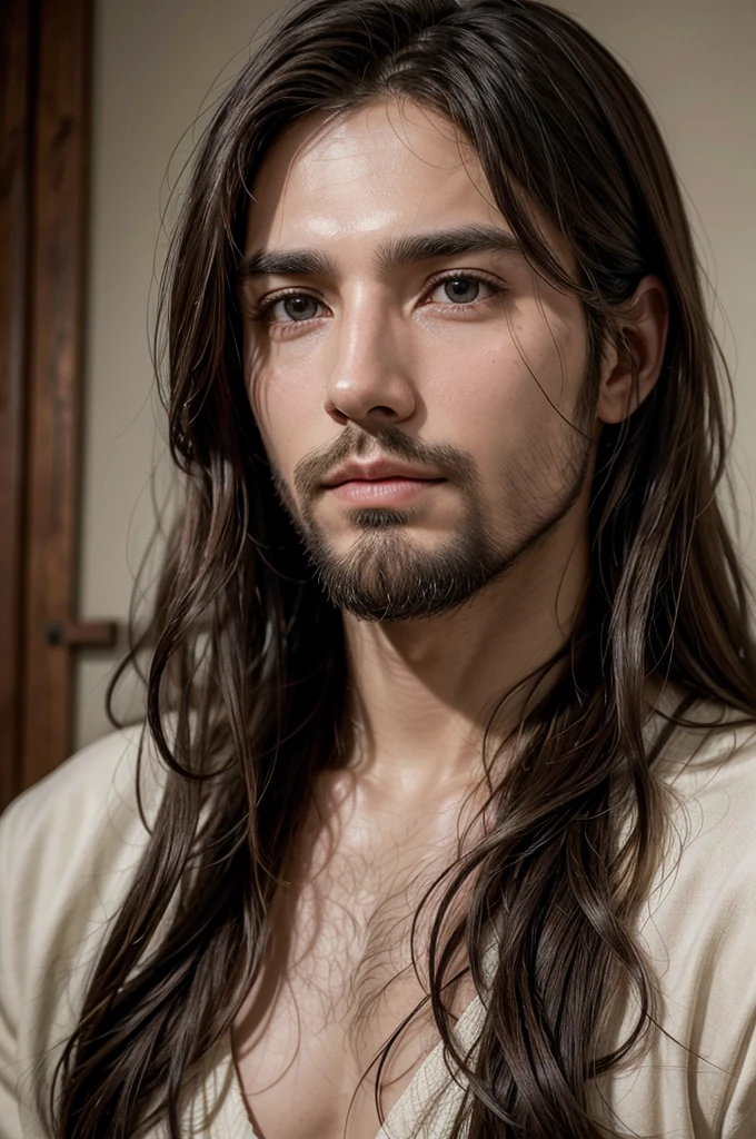 Depict an image of Jesus Christ in high definition, portraying him as a serene and powerful looking male figure. Your face must be young, but express wisdom and compassion. He has long hair and a well-groomed beard., both of a dark brown hue. Your eyes are deep and calm, conveying a sense of kindness and understanding. The skin has a Mediterranean tone, with soft and ethereal features