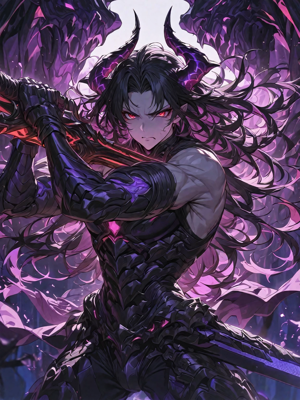 Masterpiece, Very detailed, ultra detailed, one, beautiful, (1 man), with a sporty body, V-shaped shoulders, black detailed armor with glowing purple details, black demonic horns, long hair, black hair, purple with red eye tones, a man has a huge sword in his hands and he is in a fighting pose, Black light