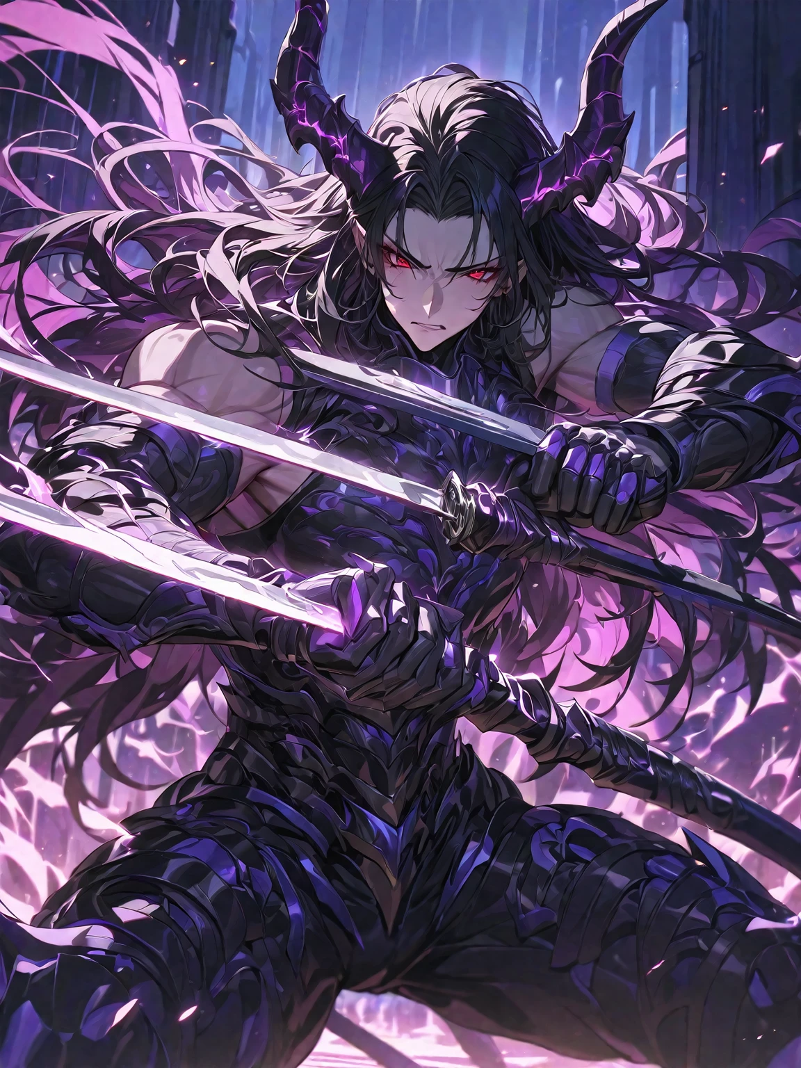 Masterpiece, Very detailed, ultra detailed, one, beautiful, (1 man), with a sporty body, V-shaped shoulders, black detailed armor with glowing purple details, black demonic horns, long hair, black hair, purple with red eye tones, a man has a huge sword in his hands and he is in a fighting pose, Black light