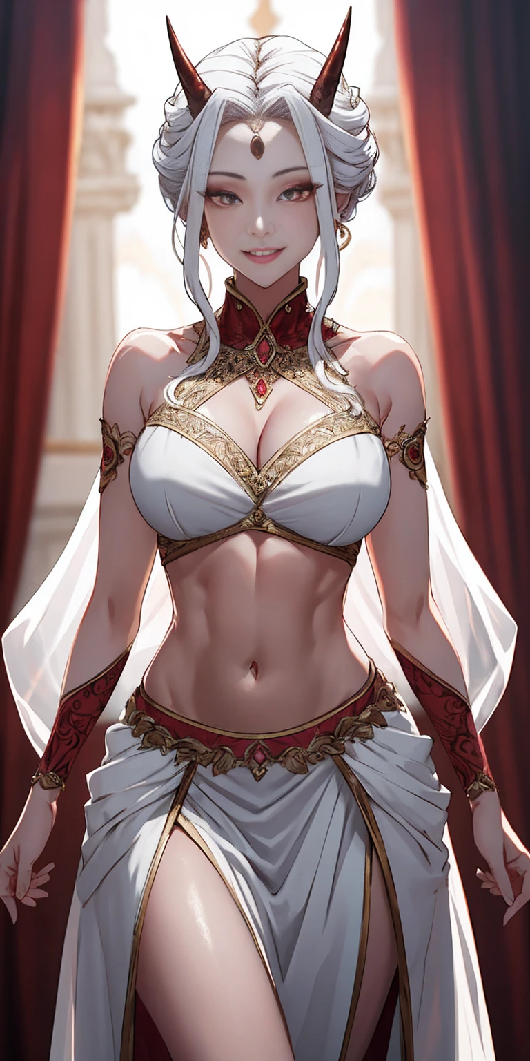 (masterpiece, best quality), intricate details, 1girl, Bridesmaid Muscular White hair White braid Smile maternal body Porcelain skin Long hair Navel Abs Direct gaze 2 Oni horns Perfect lighting Masterpiece High quality