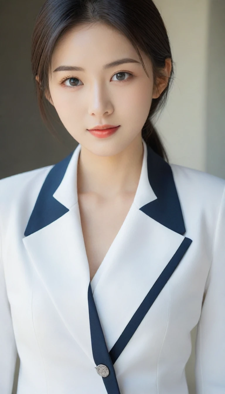 8K, Ultra-high resolution, Highest quality, masterpiece, 三分割法によるphotograph,Surreal, photograph, 1 Girl, (16 years old:1.3), pretty girl, Cute face, Beautiful eyes in every detail, 細かくdetailedに,masterpiece,One Girl:1.2, Japan Female Announcer,Tabletop,glaring,Black Hair,Slicked back hair,Blazer uniform,White collared blouse,The buttons on the chest are open,Sharp focus、Perfect dynamic composition、Beautiful and detailed、Thin Hair、Detailed real skin texture、smile、Close-up portrait、Model Body Type,Looking at the audience、beauty,Long neck、(((Ideal body type))),A cup small breasts :2,、Portraiture:2、Perfect Anatomy、なdetailed、detailed、Surreal、Light and shadow,Strong light
