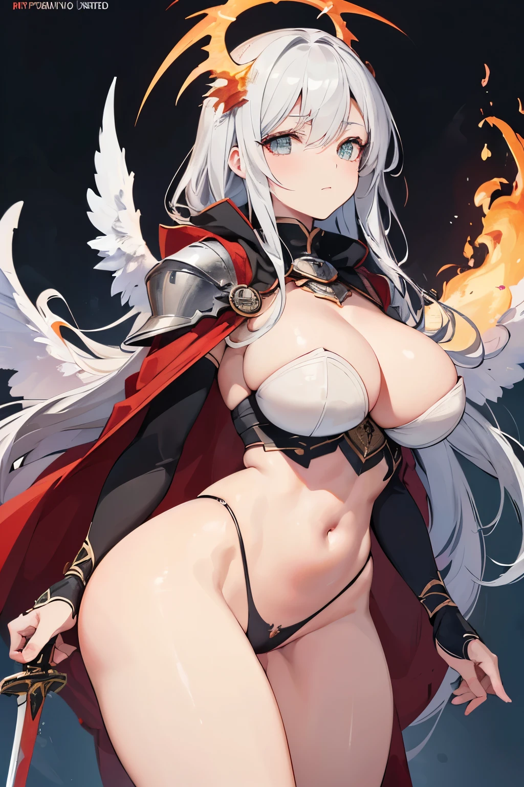 (Ultra-fine illustrations), 8K, (masterpiece), sharp focus, depth of written boundary, (beautiful female swordsman:1.2), disorganized, highly detailed, (detailed hair and skin texture), (long silver hair), (jet black armor:1.1), (skimpy flame armor:1.1), (cloak on fire), (flaming sword:1.1), (open wings:1.2), (wings of fire:1.1), (round breasts), (bubble butt), (wide hips:1.1), (slim waist:1.1), (thick thighs:1.1), (detailed face and eyes:1.2), determination to overcome sadness, sign of determination in her gentle eyes, strong soul, full body shot, (detailed hand and finger:1.2), (medium breasts:1.2), (busty), (deep cleavage:1.2), (labia outline:1.3), (hard teat:1.3).