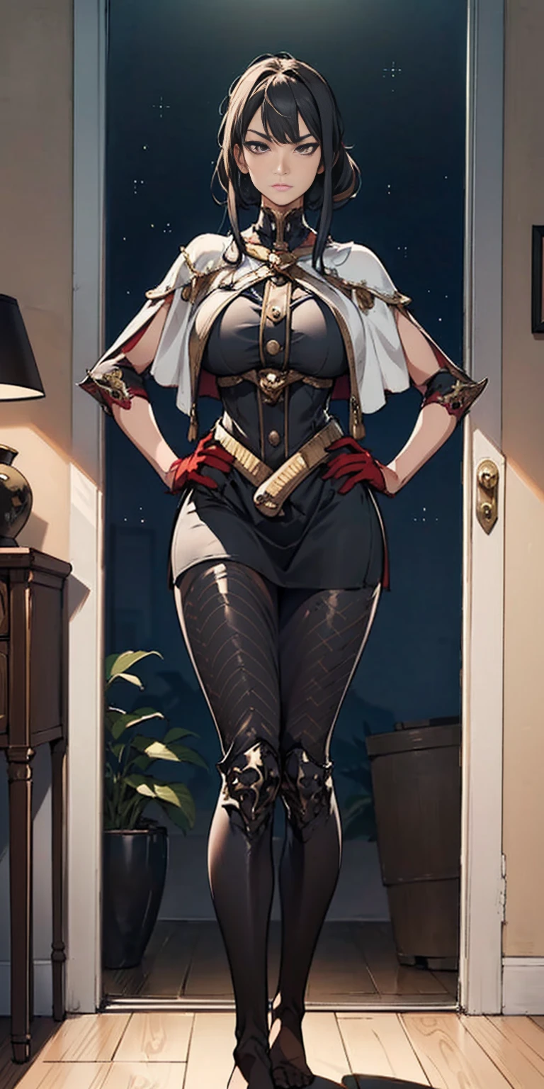 Generate a masterpiece quality, full-body picture of a barefoot solo female with a shy expression. She should have a large bust that is mostly covered, and be dressed in a pink capelet, pink tunic, white pants, and brown gloves. The scene is a finely decorated bedroom with a pink theme, and she stands looking down at the viewer from above with her hands on her hips.