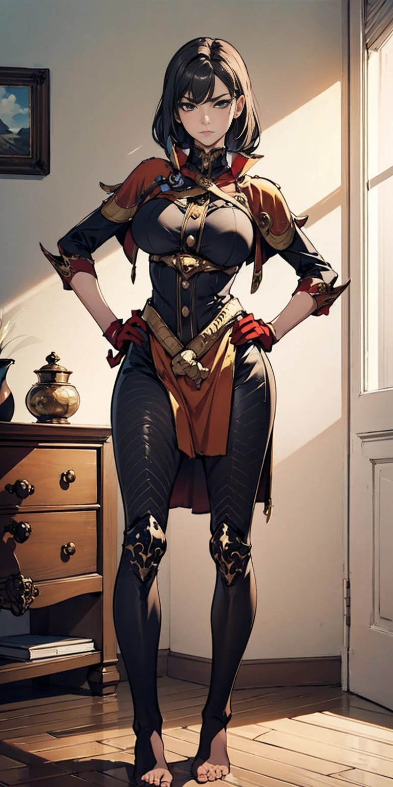 Generate a masterpiece quality, full-body picture of a barefoot solo female with a shy expression. She should have a large bust that is mostly covered, and be dressed in a pink capelet, pink tunic, white pants, and brown gloves. The scene is a finely decorated bedroom with a pink theme, and she stands looking down at the viewer from above with her hands on her hips.