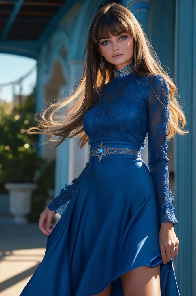  Paulina Porizkova, ultra-detailed face, ultra detailed blue eyes, (bangs), (long sleeve dress, long skirt), (((masterpiece)))