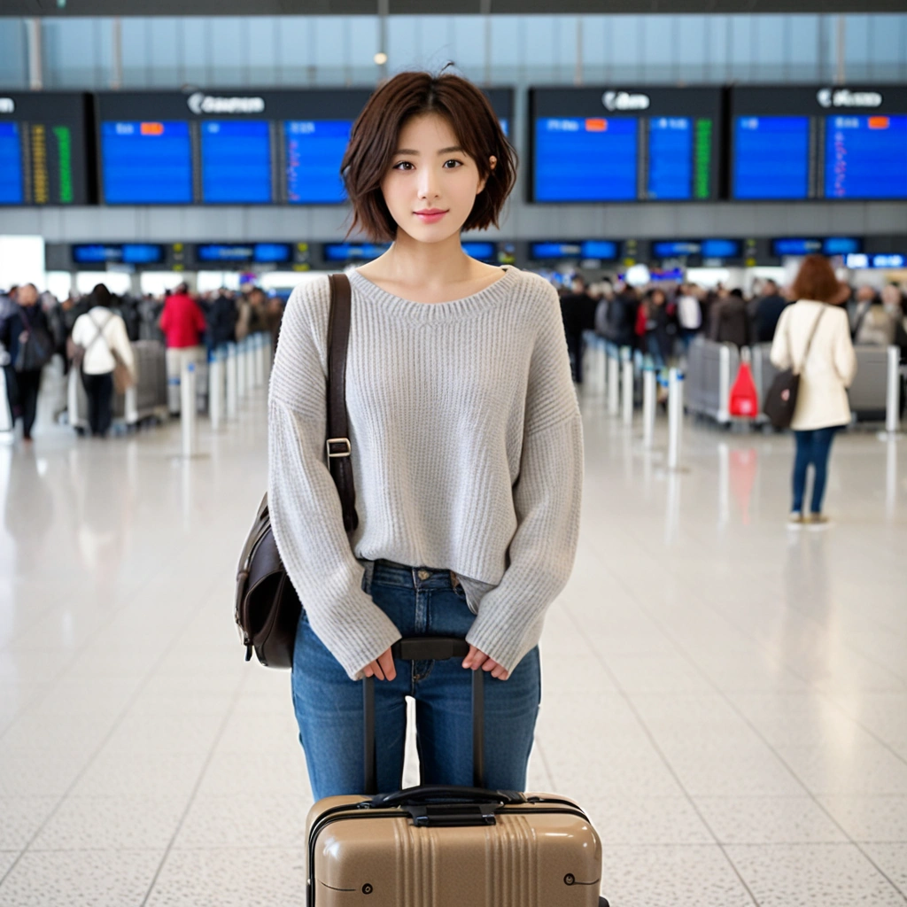 beautiful korean girl , 32 inch chest size, Your eyes are big and pretty. Short in stature. Standing in the departure hall of the airport. . short medium hair, Standing in line at the departure hall of Frankfurt Airport, Germany. He wore a wrinkled gray jumper over a white knit and jeans.Dragging a suitcase. short medium hair, short height, Full body shot with Canon camera 16-35 wide angle lens, short medium hair. uhd