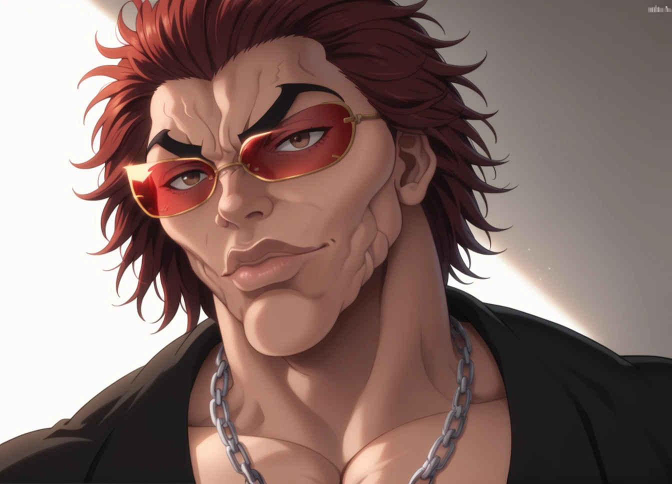 score_9, score_8_up, score_7_up, YujiroHanma, 1boy, male focus, solo, black shirt, chain necklaces, gold, sunglasses, red-tinted eyewear, muscular male, pupils, brown eyes red hair, manly, veins, dynamic lighting, extremely detailed, medium shot. upper body, lips very veiny, glare, white background