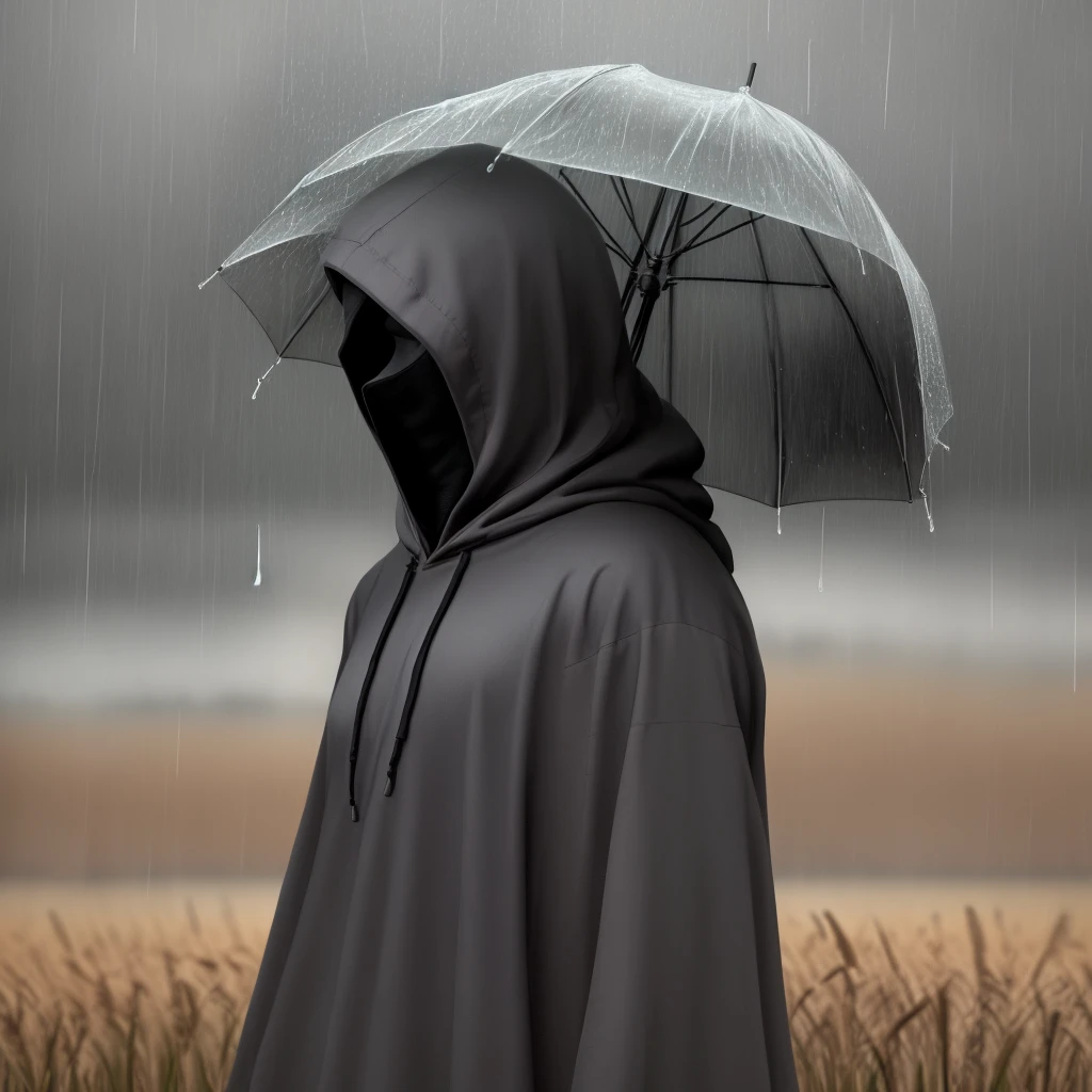A man in a hood without a face, at the field, rainy mood