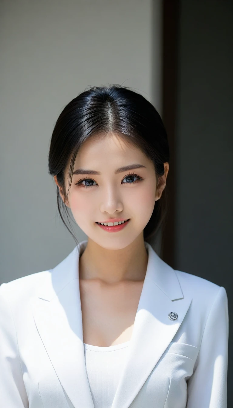 8K, Ultra-high resolution, Highest quality, masterpiece, 三分割法によるphotograph,Surreal, photograph, 1 Girl, (:1.3), pretty girl, Cute face, Beautiful eyes in every detail, 細かくdetailedに,masterpiece,One Girl:1.2, Japan Female Announcer,Tabletop,glaring,Black Hair,Slicked back hair,Blazer uniform,White collared blouse,The buttons on the chest are open,Sharp focus、Perfect dynamic composition、Beautiful and detailed、Thin Hair、Detailed real skin texture、smile、Close-up portrait、Model Body Type,Looking at the audience、beauty,Long neck、(((Ideal body type))),A cup small breasts :2,、Portraiture:2、Perfect Anatomy、なdetailed、detailed、Surreal、Light and shadow,Strong light