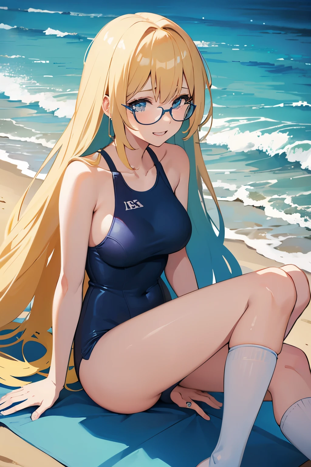 Hentay girl. D size cup. Blonde, straight long hair. Glasses .
Background sea and beach. Wearing tight blue one piece swimsuit. One leg blue kneesock. Second leg nude. Laughing. Holds one blue knee sock in left hand. Right hand holds breast.