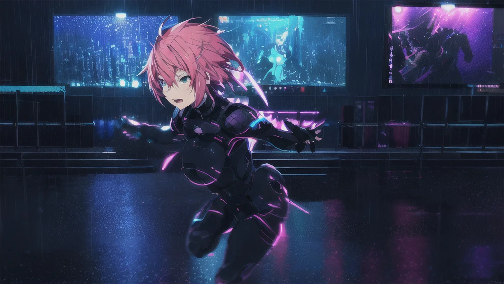 Create an atmospheric anime-style image with energetic and dynamic elements, combining bright colors and emotional expressions. The main character is a brave and determined girl with bright pink hair, dressed in futuristic clothing with armor elements, reminiscent of Kairiki Bear's style. She is in motion, either fighting or running in the rain against the backdrop of a neon-lit city illuminated by lights and holograms. Let her facial expression convey determination and strength of spirit. Add musical notes or symbols flying around her to enhance the musical atmosphere