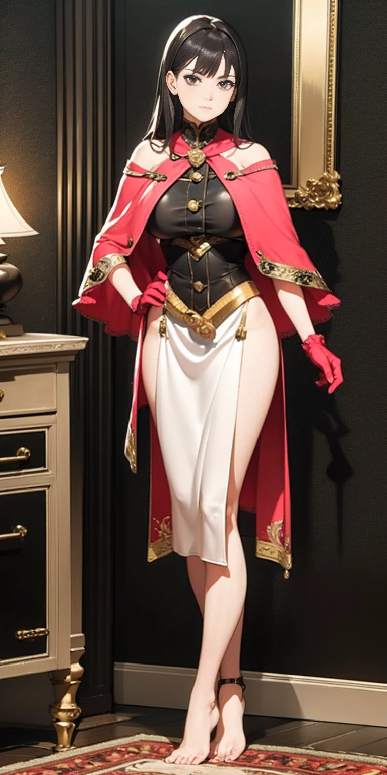 Generate a masterpiece quality, full-body picture of a barefoot solo female with a shy expression. She should have a large bust that is mostly covered, and be dressed in a pink capelet, pink tunic, white pants, and brown gloves.  The scene is a finely decorated bedroom with a pink theme, and she stands looking down at the viewer from above with her hands on her hips.