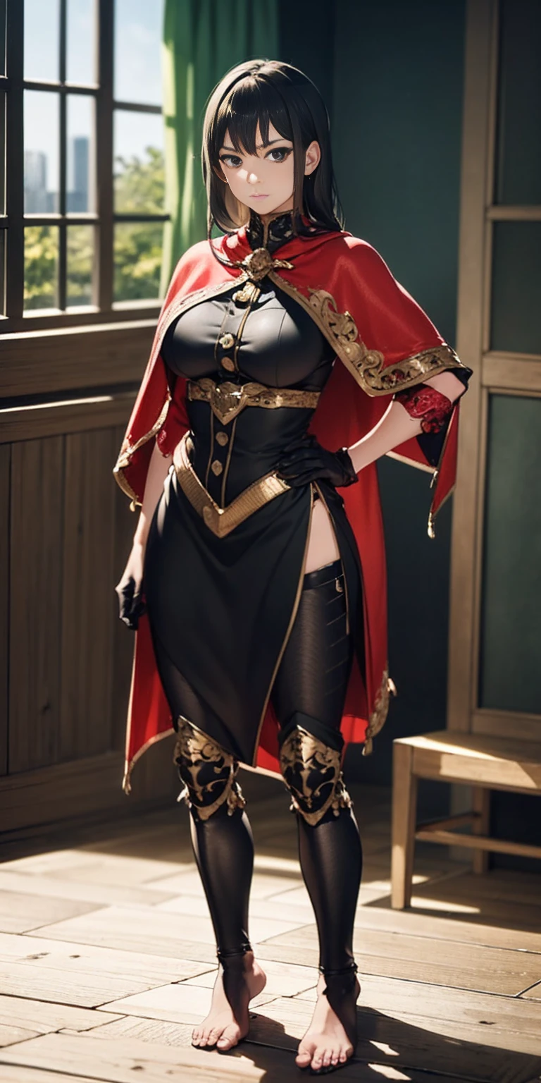 highres,absurdres,masterpiece,best quality,original,extremely detailed CG,extremely detailed wallpaper,perfect lighting,(standing on the stage),looking at viewer,1girl,blurry background,bare hands,from above,
<lora:Cosplay_FemBisonCammy:0.7>,c0spl4y,cosplay,cleavage,red leotard,peaked cap,blonde hair,very long twin braids,silver pauldrons,buckles,black cape,gloves,elbow gloves,thighhighs,belt,uniform,high heel boots,<lora:GoodHands-beta2:1>,
