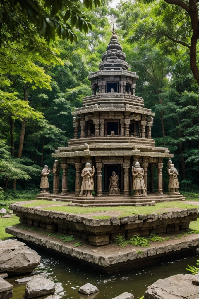 (best quality) hd image of Pandavas humans constructing a stone temple in nature