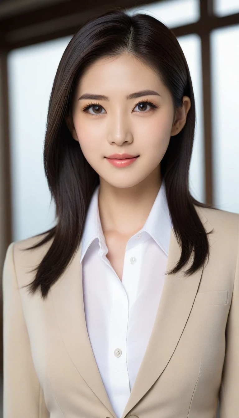 8K, Ultra-high resolution, Highest quality, masterpiece, 三分割法によるphotograph,Surreal, photograph, 1 Girl, (:1.3), pretty girl, Cute face, Beautiful eyes in every detail, 細かくdetailedに,masterpiece,One Girl:1.2, Japan Female Announcer,Tabletop,glaring,Black Hair,Slicked back hair,Blazer uniform,White collared blouse,The buttons on the chest are open,Sharp focus、Perfect dynamic composition、Beautiful and detailed、Thin Hair、Detailed real skin texture、smile、Close-up portrait、Model Body Type,Looking at the audience、beauty,Long neck、(((Ideal body type))),A cup small breasts :2,、Portraiture:2、Perfect Anatomy、なdetailed、detailed、Surreal、Light and shadow,Strong light