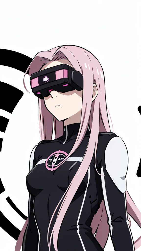 (1girl,20 years old,solo,adult.mature female),pink hair,long hair,(medusa hair),serious,((black bodysuit)),(white background,line drawing),head-mounted display,upper body
